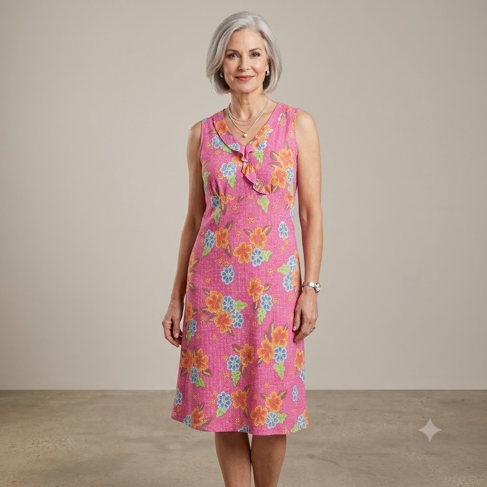 Sigrid Olsen Sport Dress Womens 8 Pink Floral Ruffle V-Neck Sleeveless Midi